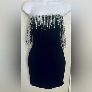 Black Bling Detail Bardot Sleeve Mini Dress
